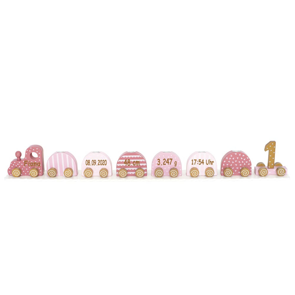 Geburtstagszug Kerzenhalter aus Holz pink personalisiert mit Name und Geburtsdaten Baby Geschenk mit Gravur