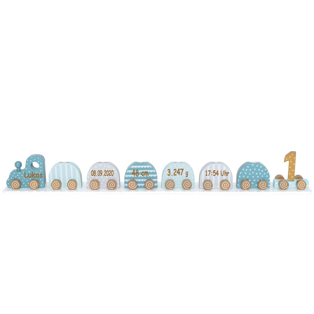 Geburtstagszug Kerzenhalter aus Holz blau personalisiert mit Name und Geburtsdaten Baby Geschenk mit Gravur