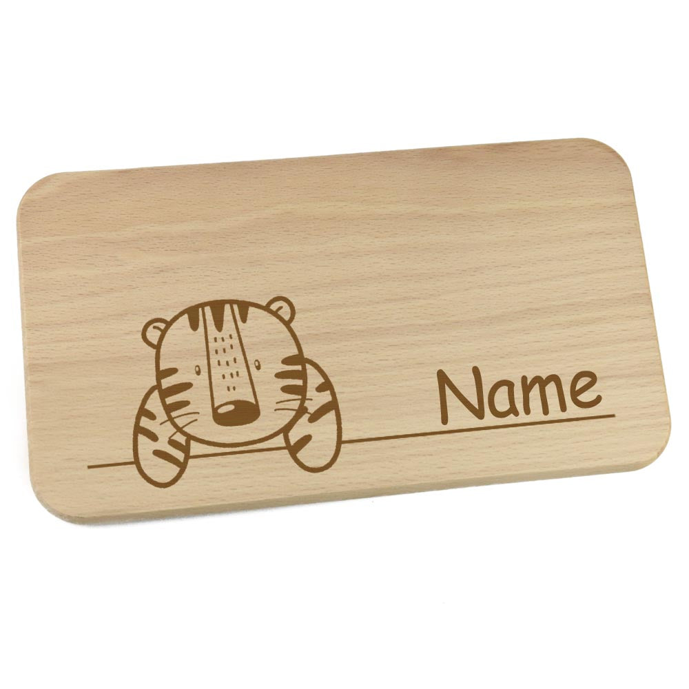 Personalisiertes Frühstücksbrettchen aus Holz mit Motiv und Name graviert Motiv Tiger