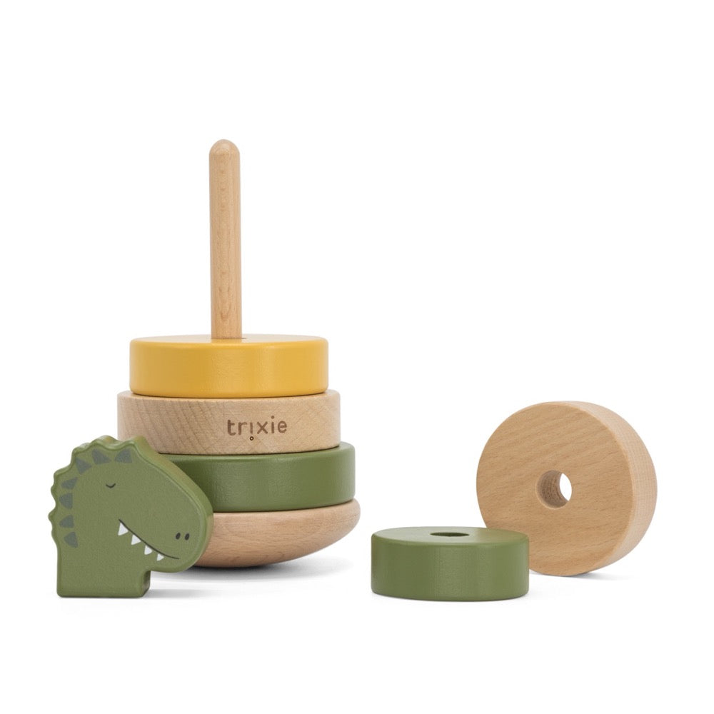 Personalisierter Stapelturm aus Holz von Trixie mit Namen und Geburtsdaten graviert Geburtsgeschenk Dinosaurier