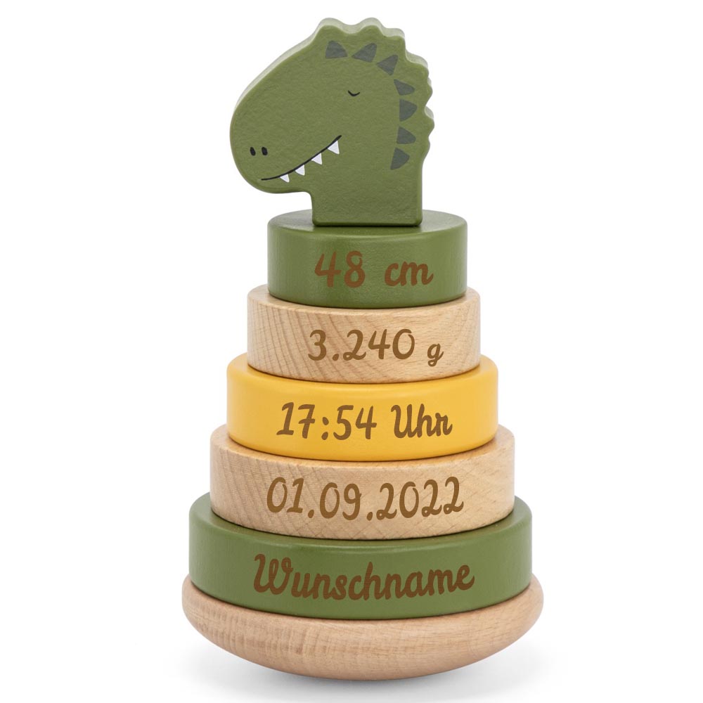 Personalisierter Stapelturm aus Holz von Trixie mit Namen und Geburtsdaten graviert Geburtsgeschenk Dinosaurier
