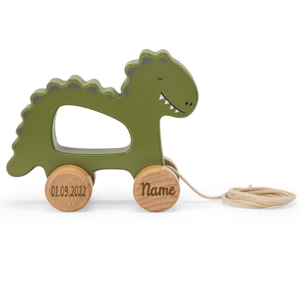 Trixie Nachziehtier Holz PERSONALISIERT mit Name und Datum graviert Motorikspielzeug ab 18 Monate Dino
