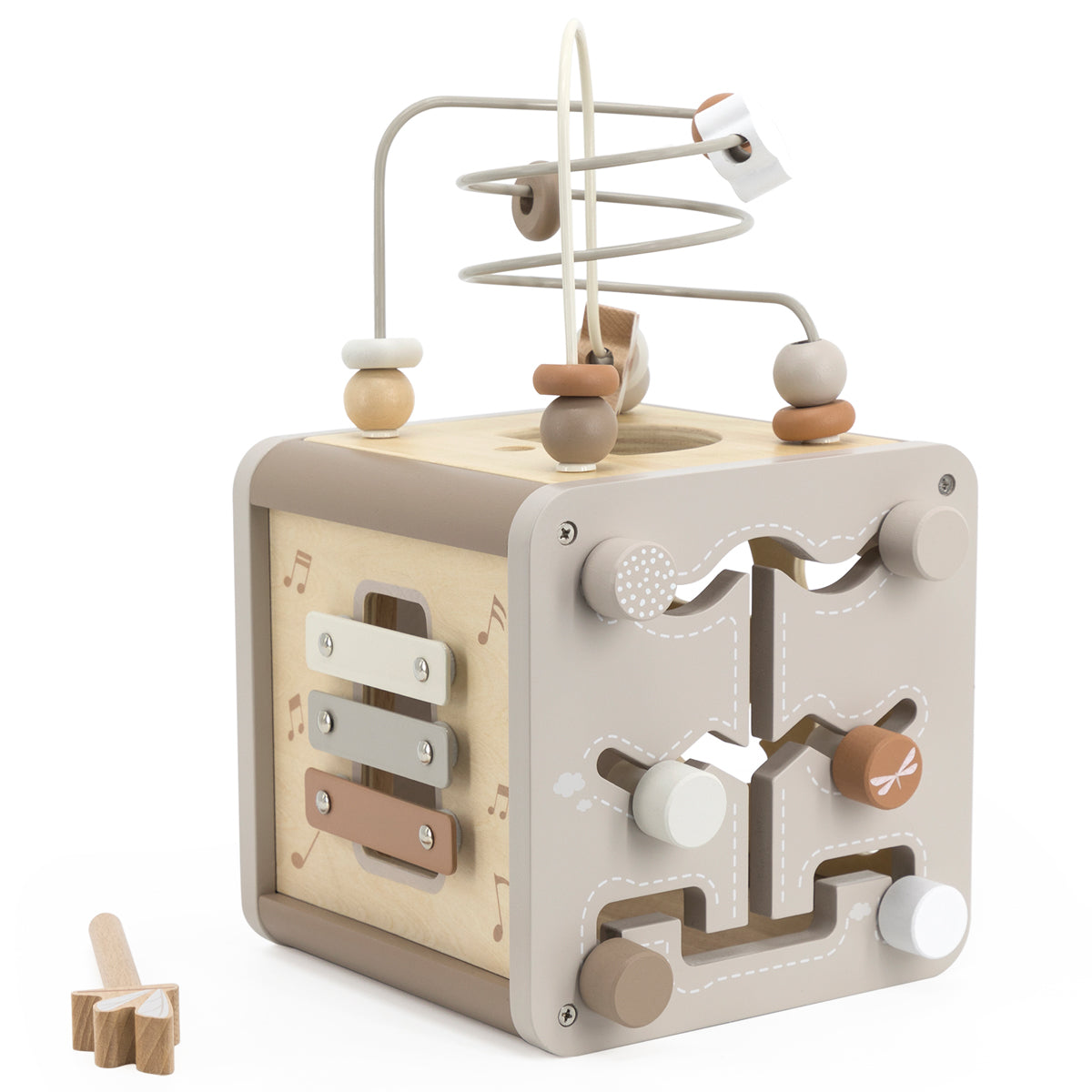 Motorikwürfel aus Holz Aktivitätswürfel für Babys, personalisiert mit Namen, ab 18 Monaten Beige