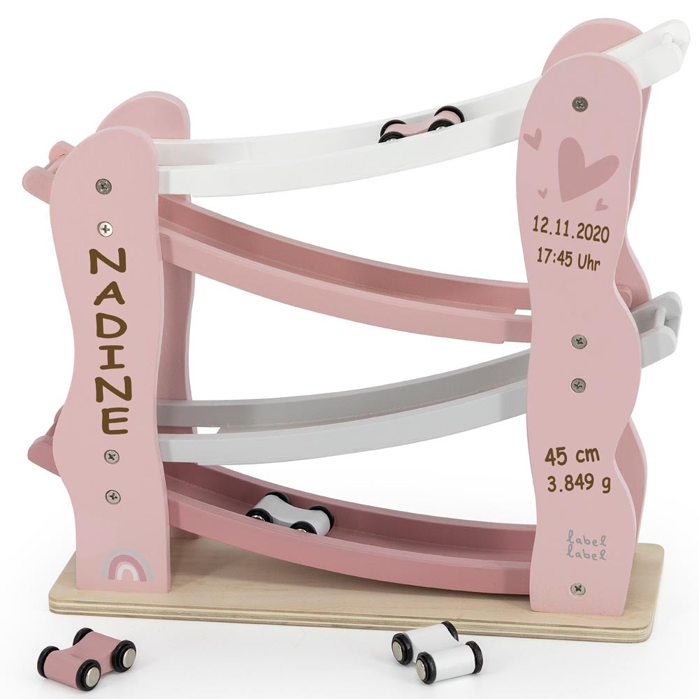 Autobahn Kugelbahn aus Holz rosa personalisiert mit Name und Geburtsdaten Baby Geschenk mit Gravur