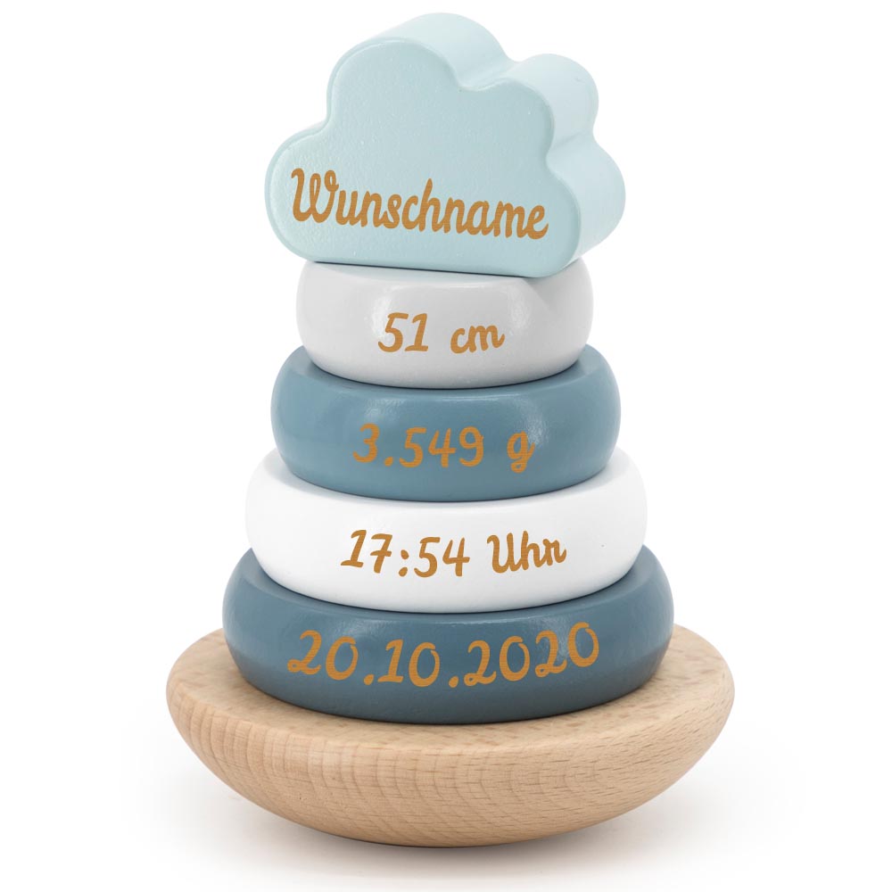 Holz Stapelturm türkis personalisiert mit Name und Geburtsdaten Baby Geschenk mit Gravur Geschenk zur Geburt oder Taufe