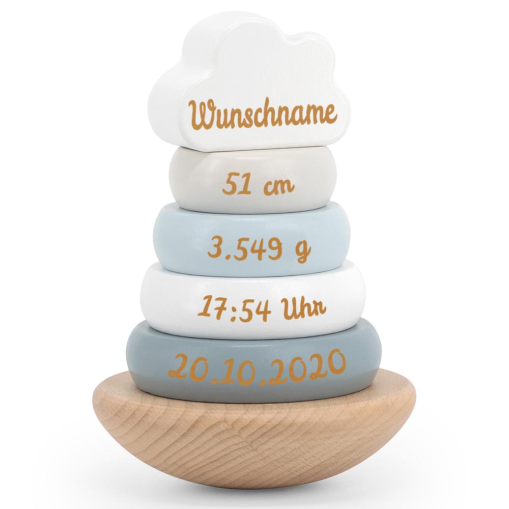 Holz Stapelturm blau personalisiert mit Name und Geburtsdaten Baby Geschenk mit Gravur Geschenk zur Geburt oder Taufe