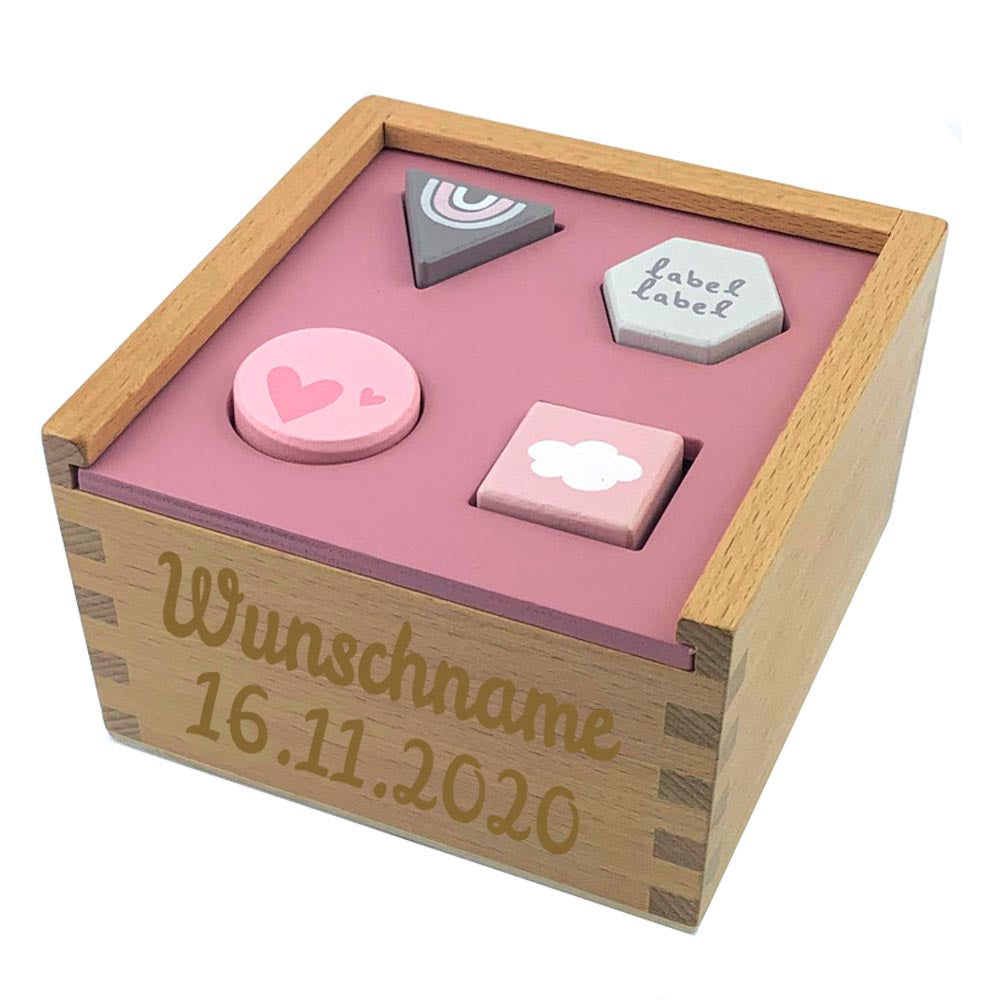 Formenspiel Sortierbox aus Holz rosa personalisiert mit Name und Datum Baby Geschenk mit Gravur