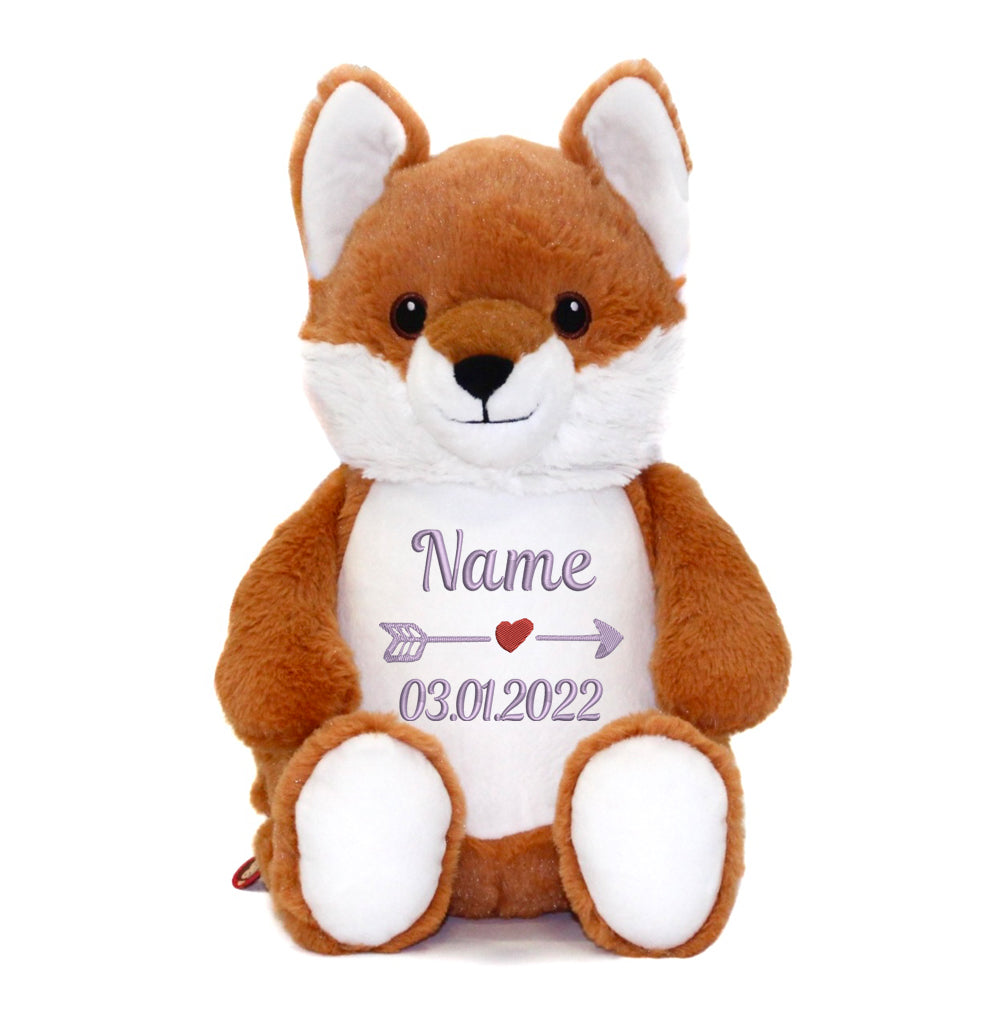 Personalisiertes Stofftier Fuchs Kuscheltier Bestickt Plüschtier zur Geburt Stickmotiv Name und Datum