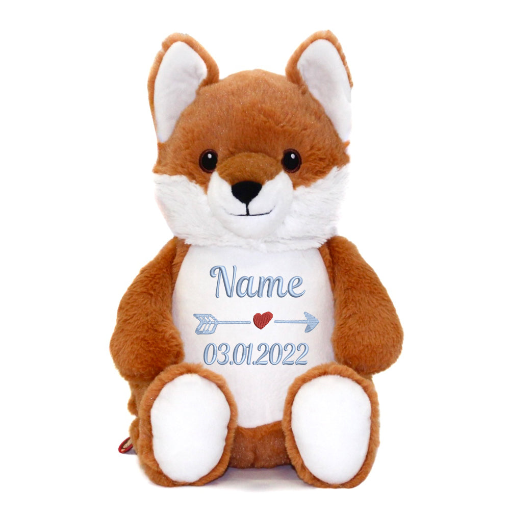 Personalisiertes Stofftier Fuchs Kuscheltier Bestickt Plüschtier zur Geburt Stickmotiv Name und Datum