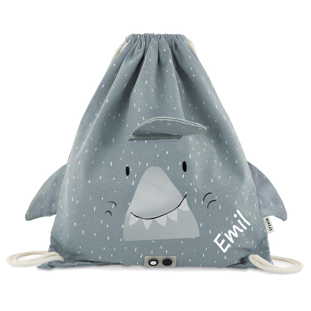 Turnbeutel mit Name personalisiert von Trixie Sportbeutel Schwimmtasche für Kinder mit Tiermotiv und Wunschnamen bedruckt Hai