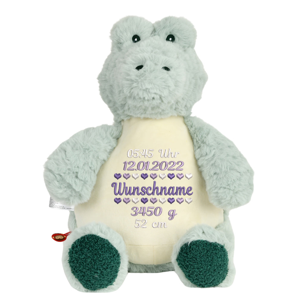 Personalisiertes Stofftier Alligator Kuscheltier Bestickt Plüschtier zur Geburt Stickmotiv Geburtsdaten