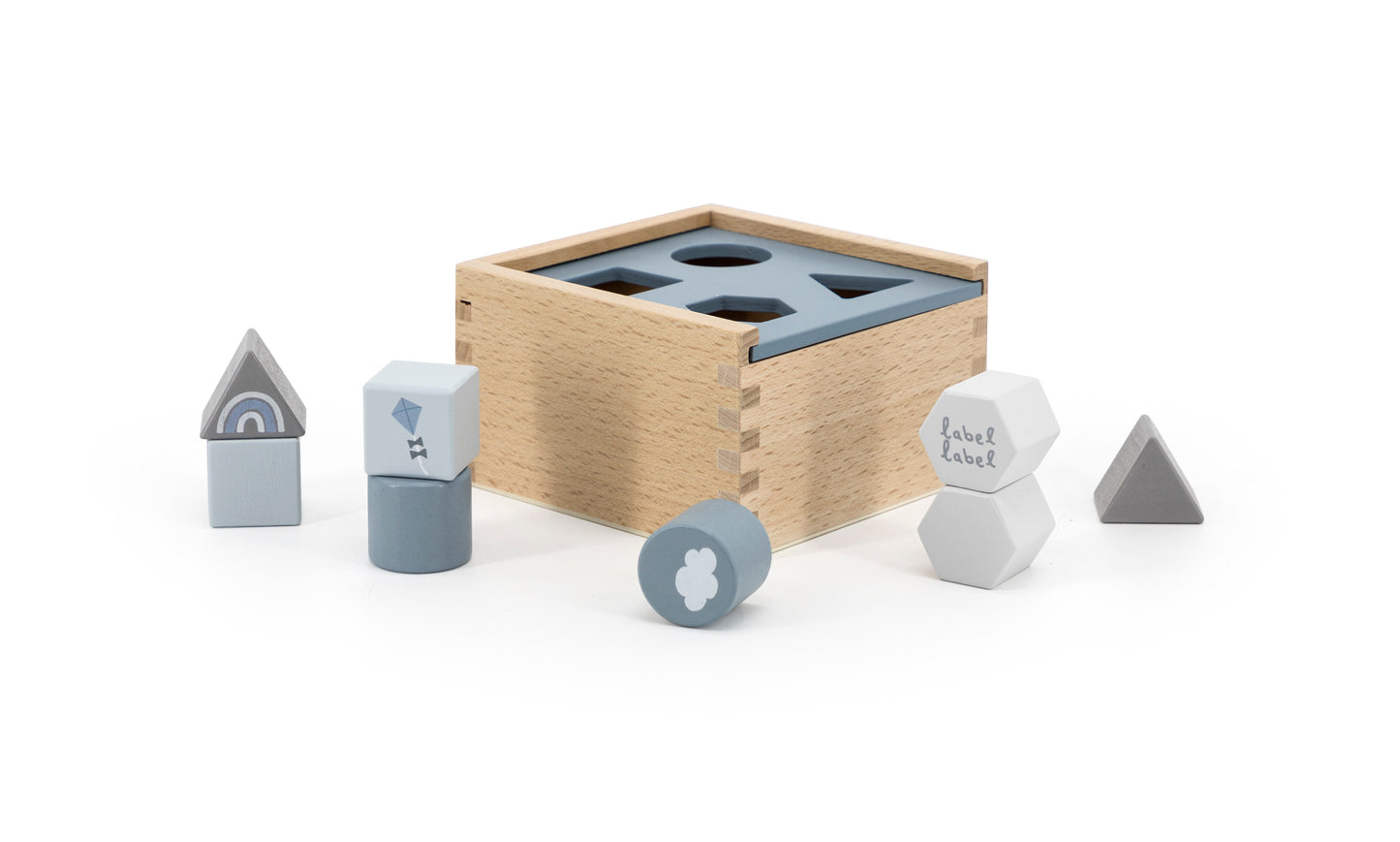 Formenspiel Sortierbox aus Holz blau personalisiert mit Name und Datum Baby Geschenk mit Gravur