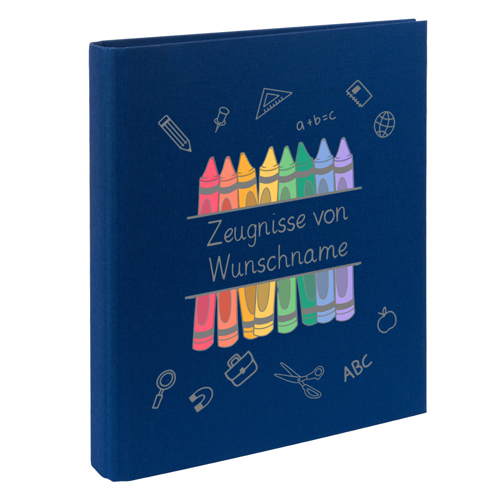 Zeugnismappe mit Namen personalisiert aus Leinen Schulkind Geschenk zur Einschulung Motiv Stifte