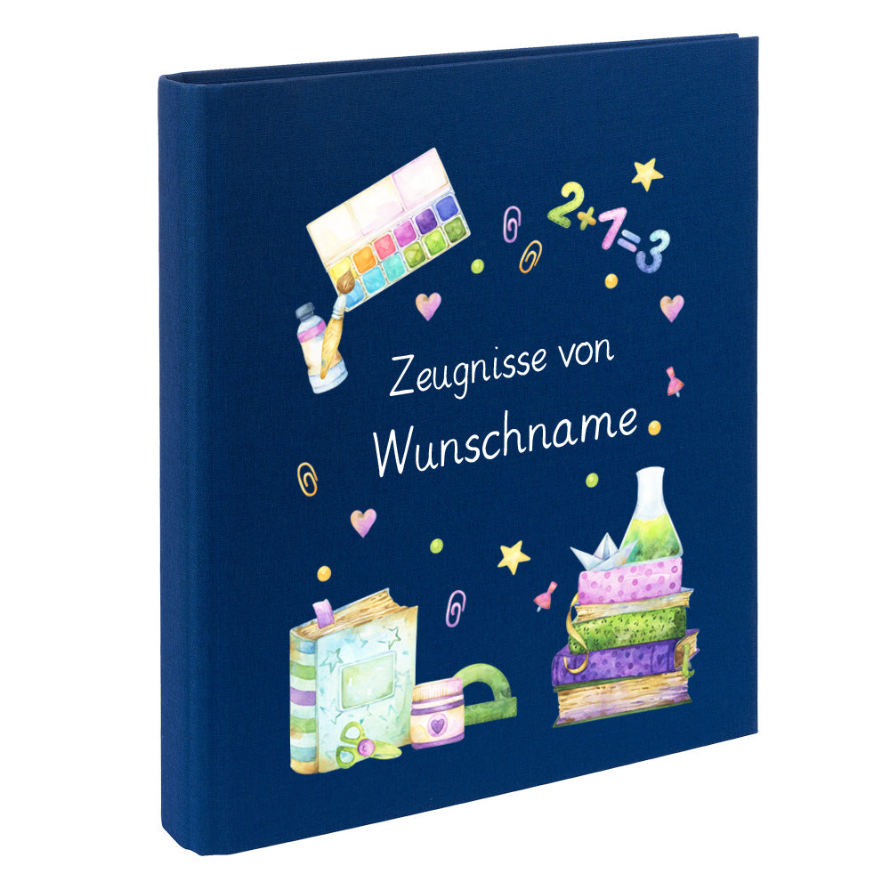 Zeugnismappe mit Namen personalisiert aus Leinen Schulkind Geschenk zur Einschulung Motiv Bücher