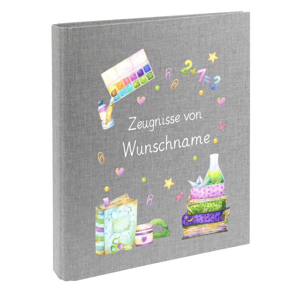 Zeugnismappe mit Namen personalisiert aus Leinen Schulkind Geschenk zur Einschulung Motiv Bücher