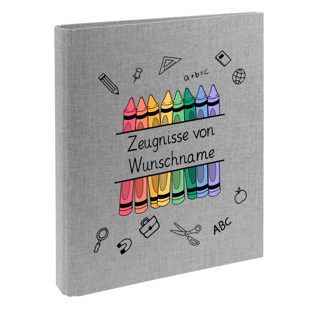Zeugnismappe mit Namen personalisiert aus Leinen Schulkind Geschenk zur Einschulung Motiv Stifte