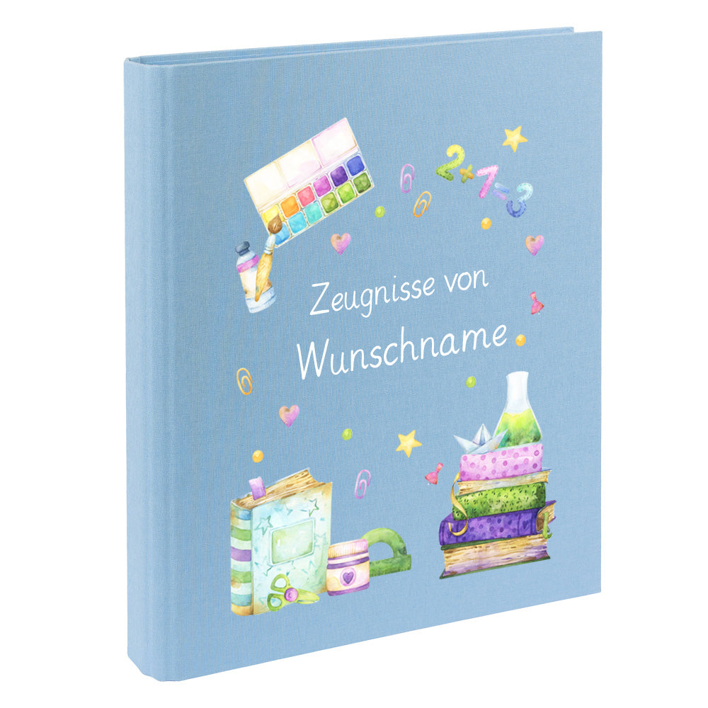Zeugnismappe mit Namen personalisiert aus Leinen Schulkind Geschenk zur Einschulung Motiv Bücher