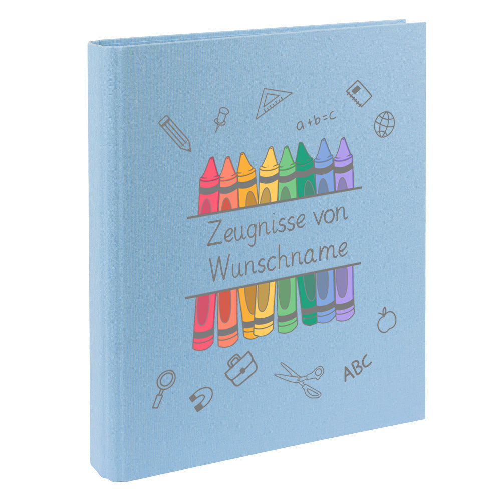 Zeugnismappe mit Namen personalisiert aus Leinen Schulkind Geschenk zur Einschulung Motiv Stifte