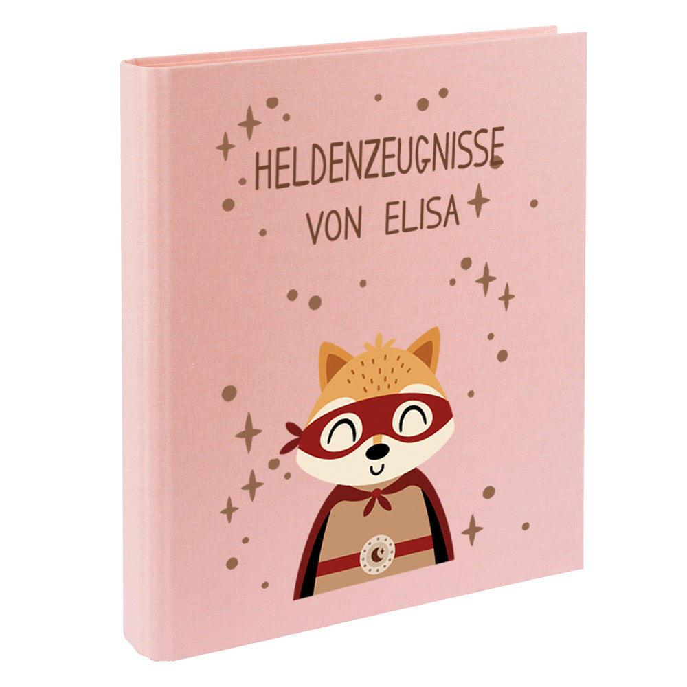 Zeugnismappe mit Namen personalisiert aus Leinen Schulkind Geschenk zur Einschulung Motiv Superheld Fuchs