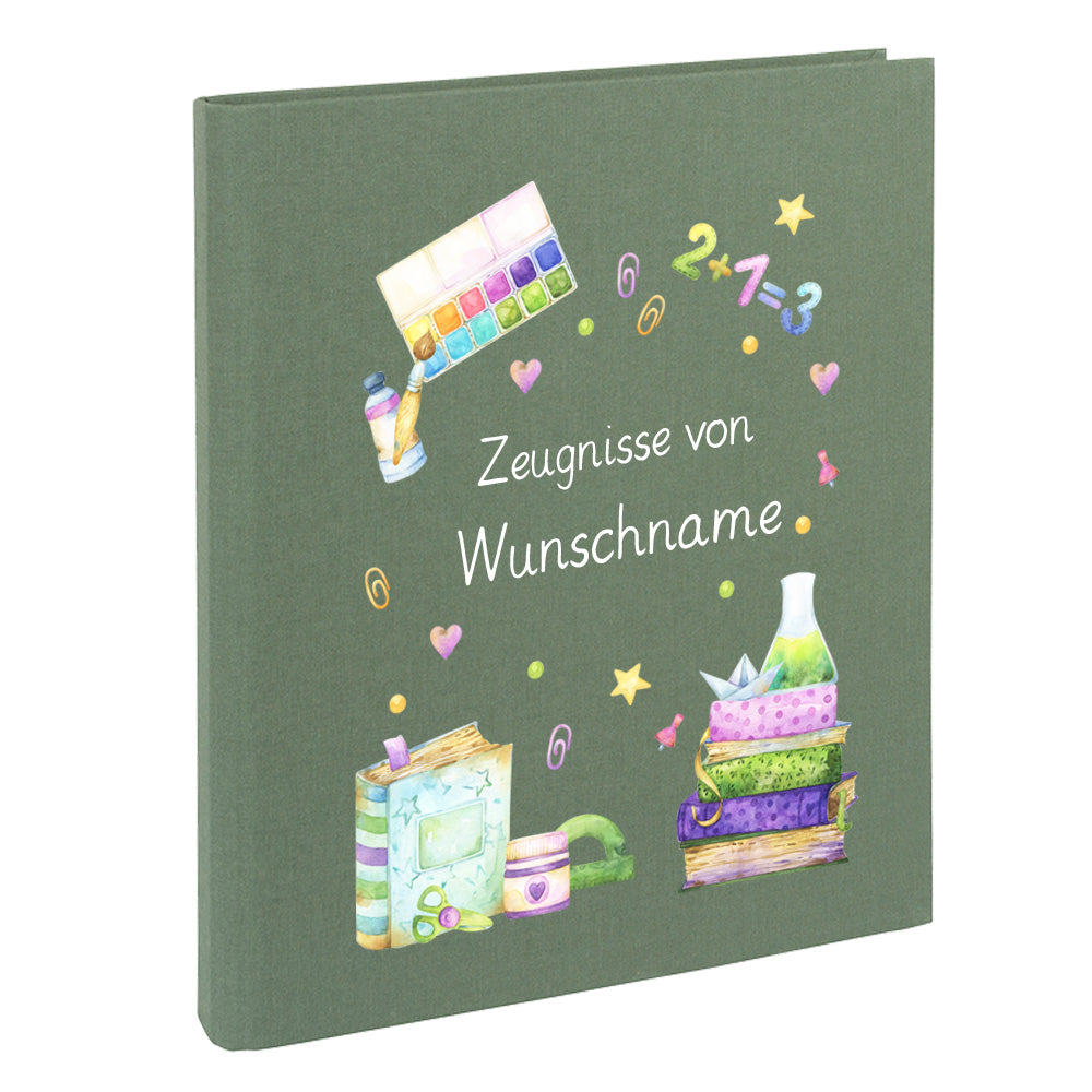 Zeugnismappe mit Namen personalisiert aus Leinen Schulkind Geschenk zur Einschulung Motiv Bücher