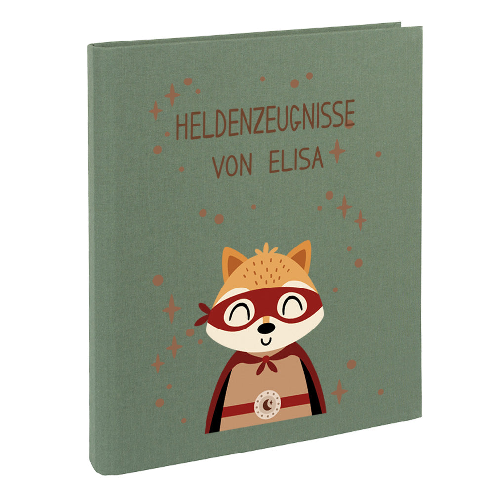 Zeugnismappe mit Namen personalisiert aus Leinen Schulkind Geschenk zur Einschulung Motiv Superheld Fuchs