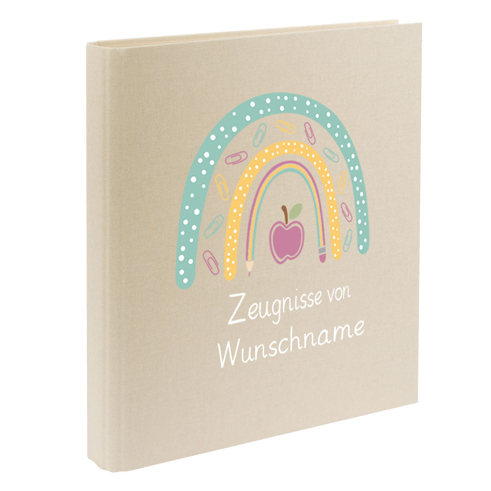 Zeugnismappe mit Namen personalisiert aus Leinen Schulkind Geschenk zur Einschulung Motiv Stiftebogen