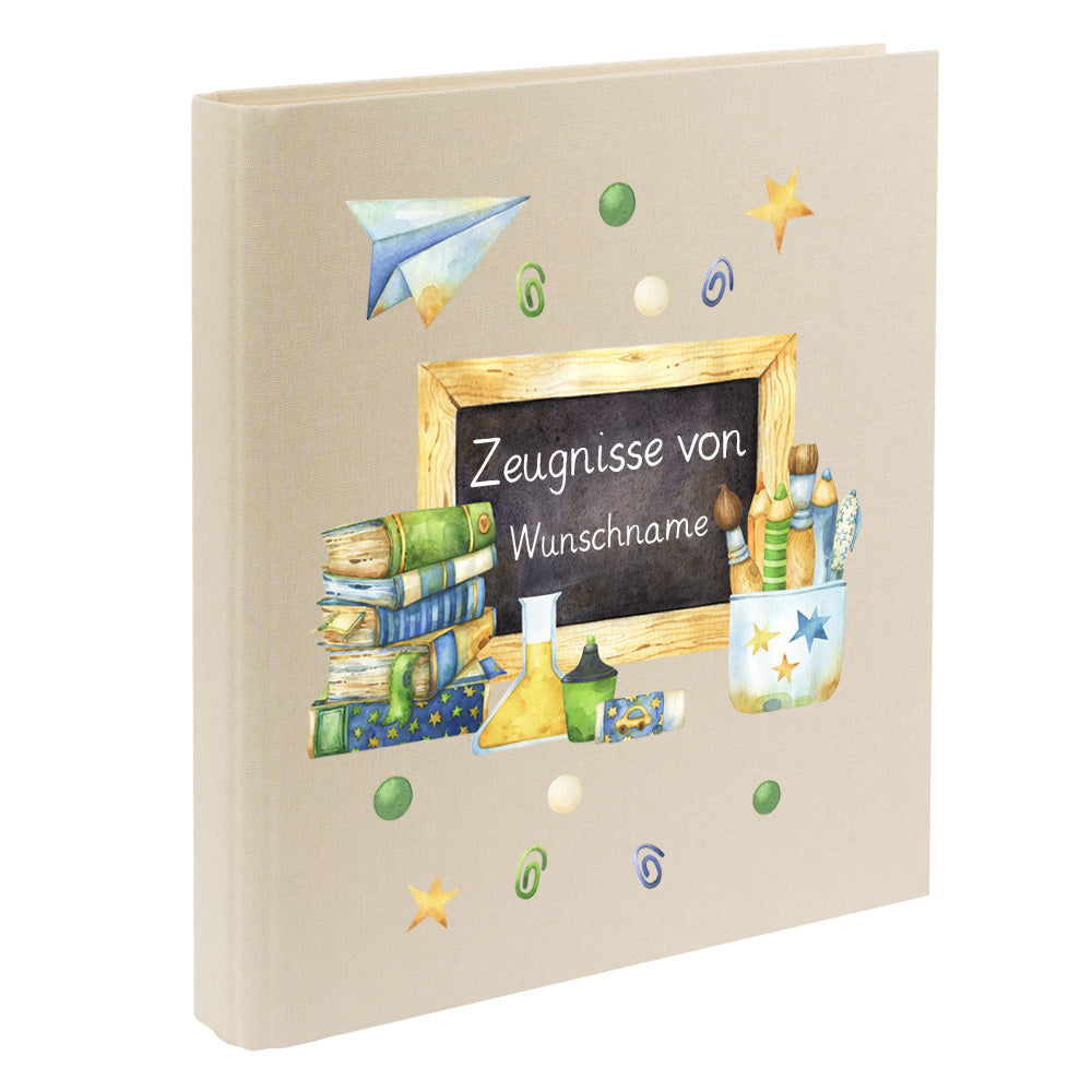 Zeugnismappe mit Namen personalisiert aus Leinen Schulkind Geschenk zur Einschulung Motiv Tafel