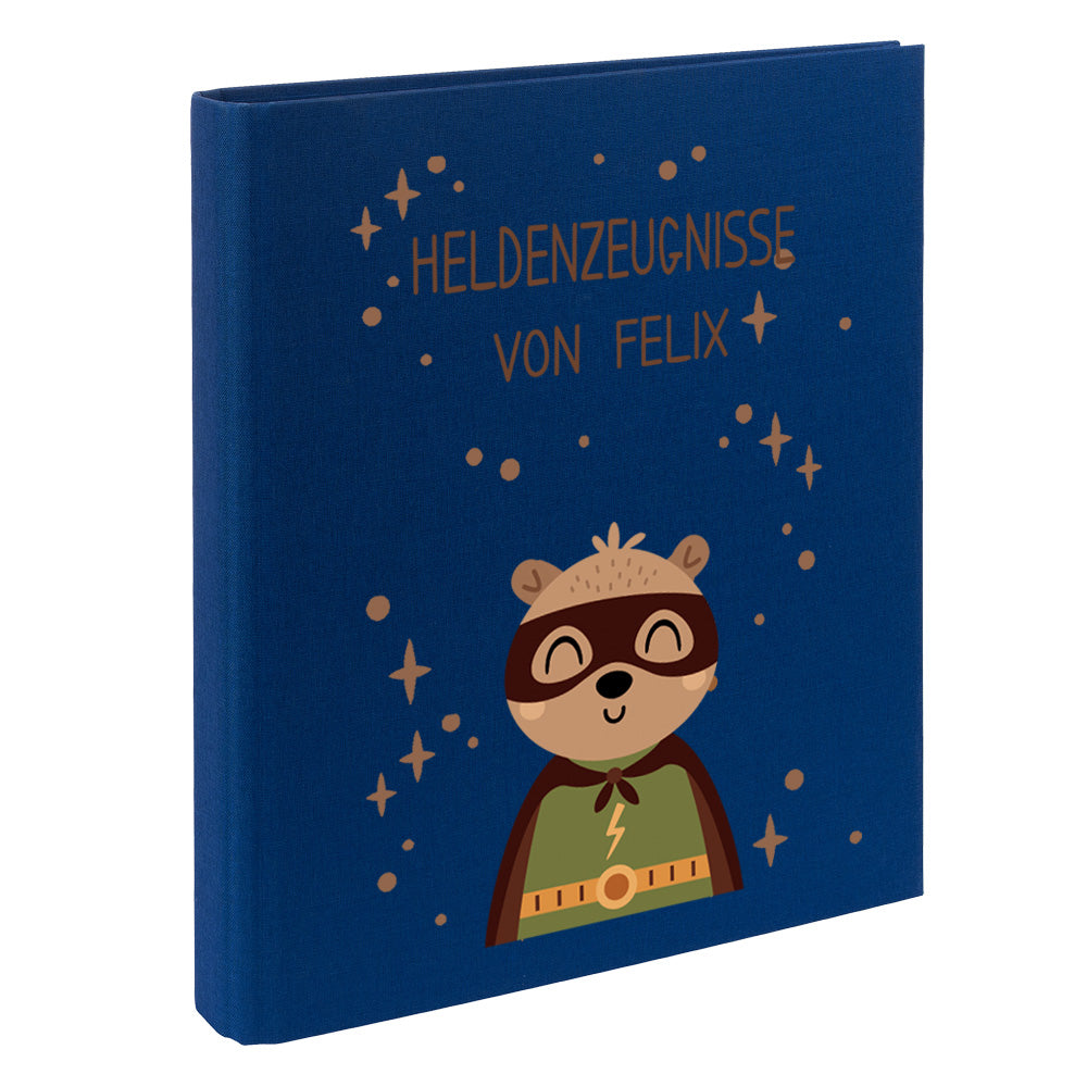 Zeugnismappe mit Namen personalisiert aus Leinen Schulkind Geschenk zur Einschulung Motiv Superheld Bär