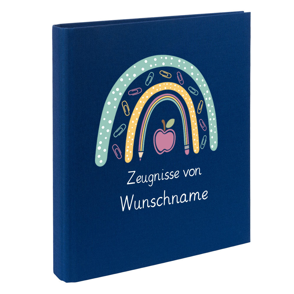 Zeugnismappe mit Namen personalisiert aus Leinen Schulkind Geschenk zur Einschulung Motiv Stiftebogen