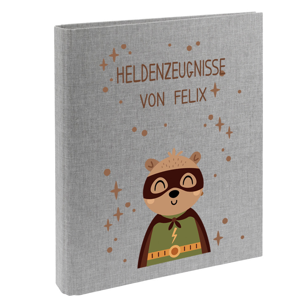 Zeugnismappe mit Namen personalisiert aus Leinen Schulkind Geschenk zur Einschulung Motiv Superheld Bär