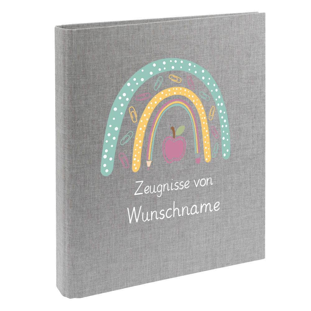 Zeugnismappe mit Namen personalisiert aus Leinen Schulkind Geschenk zur Einschulung Motiv Stiftebogen