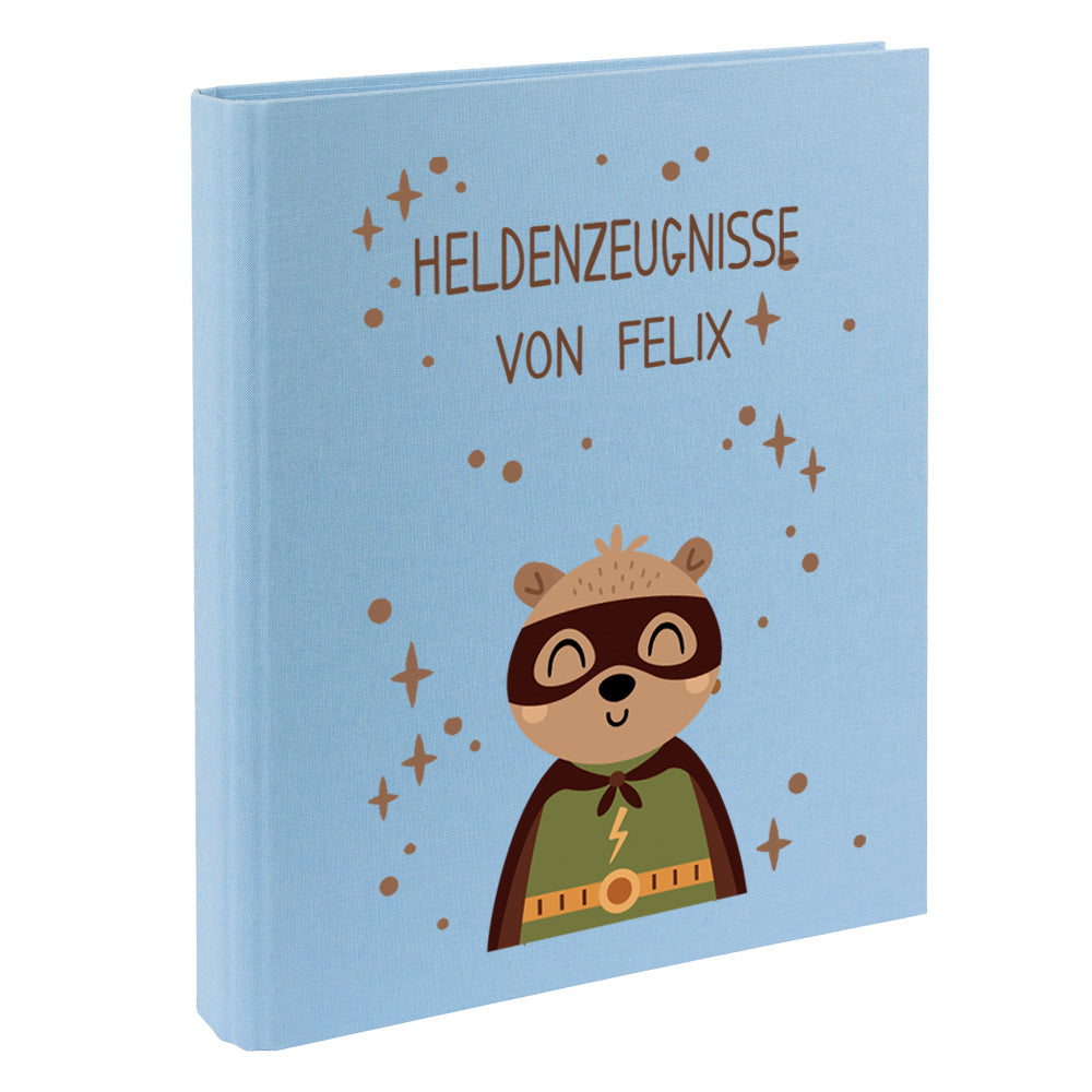 Zeugnismappe mit Namen personalisiert aus Leinen Schulkind Geschenk zur Einschulung Motiv Superheld Bär