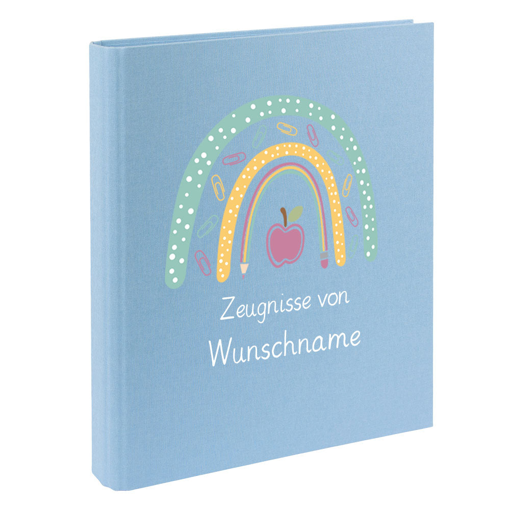 Zeugnismappe mit Namen personalisiert aus Leinen Schulkind Geschenk zur Einschulung Motiv Stiftebogen