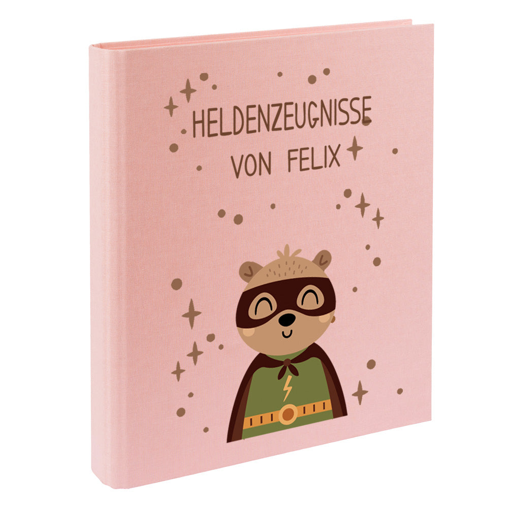 Zeugnismappe mit Namen personalisiert aus Leinen Schulkind Geschenk zur Einschulung Motiv Superheld Bär