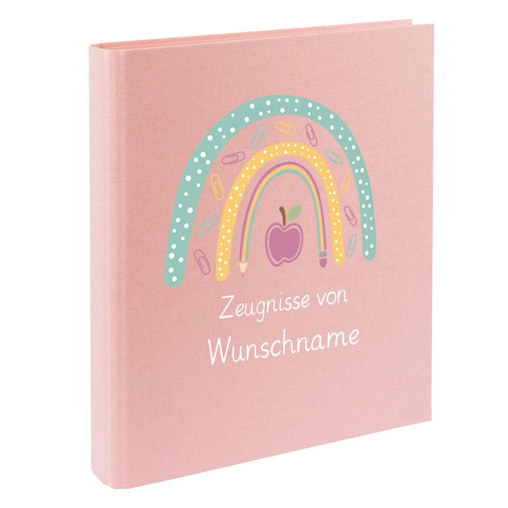 Zeugnismappe mit Namen personalisiert aus Leinen Schulkind Geschenk zur Einschulung Motiv Stiftebogen