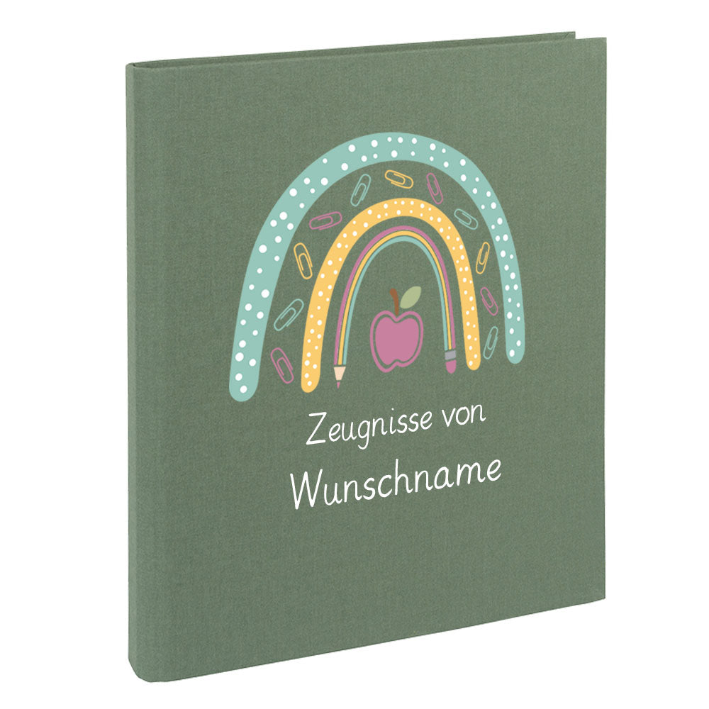 Zeugnismappe mit Namen personalisiert aus Leinen Schulkind Geschenk zur Einschulung Motiv Stiftebogen