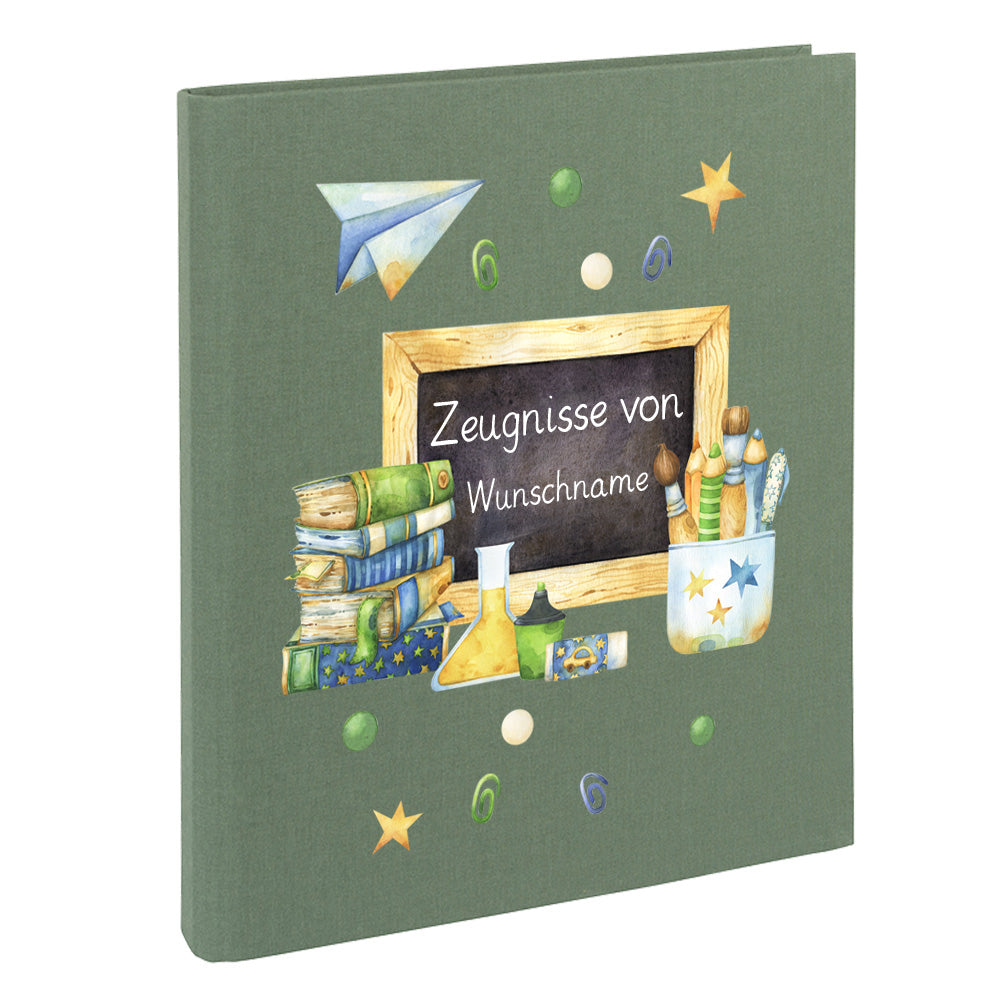 Zeugnismappe mit Namen personalisiert aus Leinen Schulkind Geschenk zur Einschulung Motiv Tafel