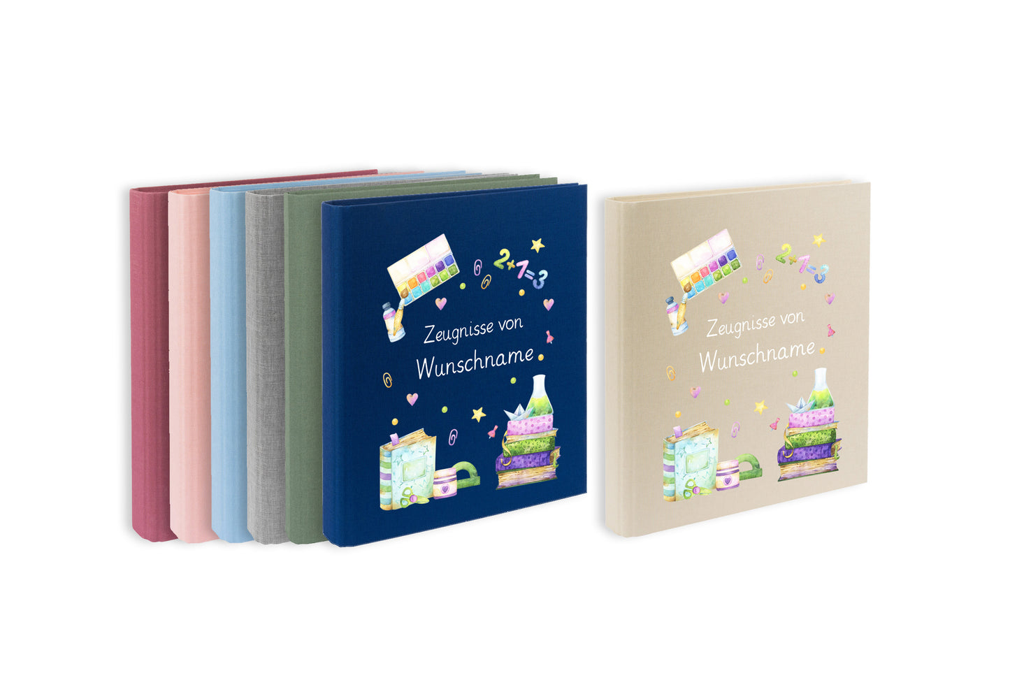 Zeugnismappe mit Namen personalisiert aus Leinen Schulkind Geschenk zur Einschulung Motiv Bücher