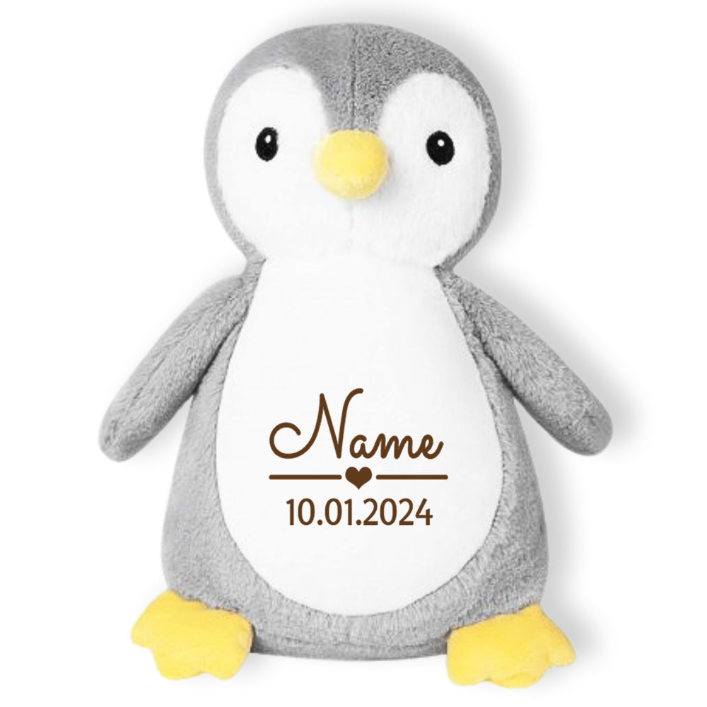 Stofftier Pinguin grau mit Name personalisiert Kuscheltier für Kinder Flauschiges Plüschtier 40cm Motiv Name und Datum