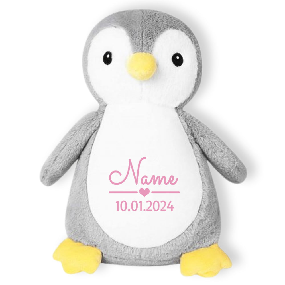 Stofftier Pinguin grau mit Name personalisiert Kuscheltier für Kinder Flauschiges Plüschtier 40cm Motiv Name und Datum