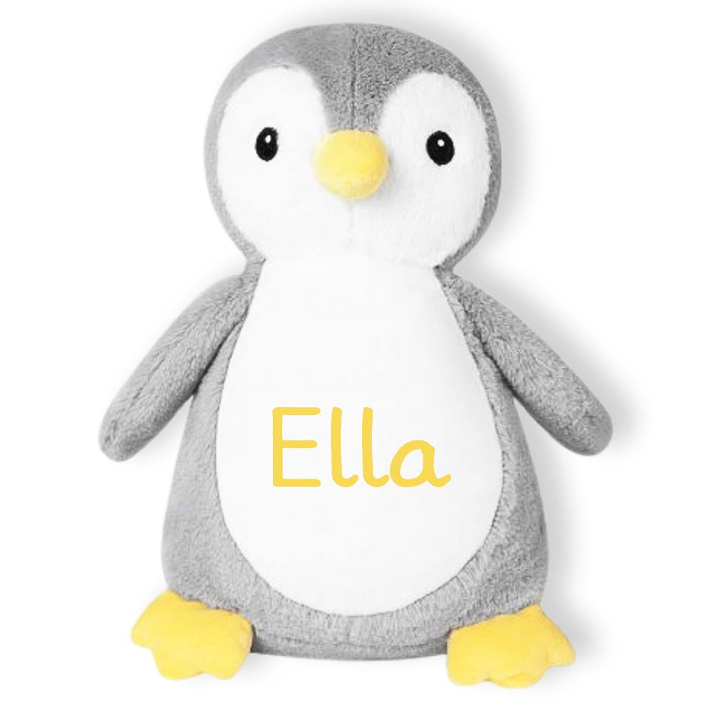 Stofftier Pinguin grau mit Name personalisiert Kuscheltier für Kinder Flauschiges Plüschtier 30cm Motiv Name
