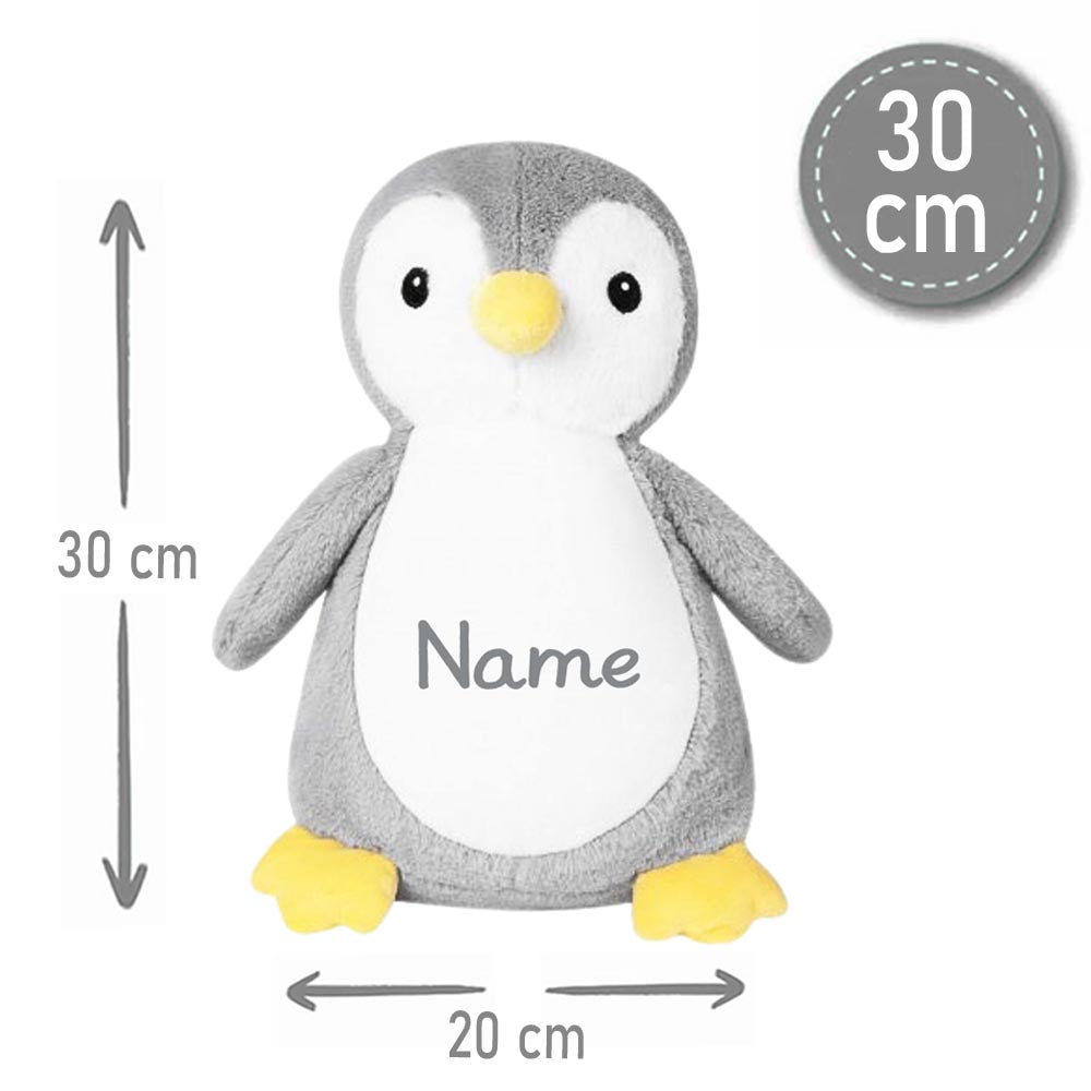 Stofftier Pinguin grau mit Name personalisiert Kuscheltier für Kinder Flauschiges Plüschtier 30cm Motiv Name