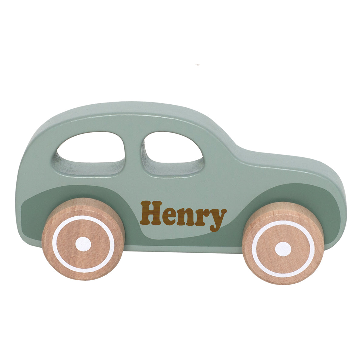 Spielzeug Auto aus Holz Retro Car personalisiert mit Name Baby Geschenk mit Gravur grün