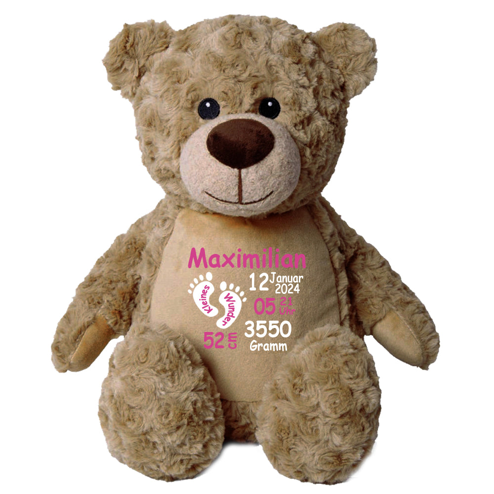 Stofftier Teddybär Hellbraun mit Name personalisiert Kuscheltier für Kinder Flauschiges Plüschtier 40cm Motiv Füßchen