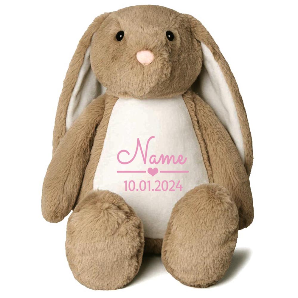 Stofftier Hase Hellbraun mit Name personalisiert Kuscheltier Stoffhase für Kinder Flauschiges Plüschtier 40cm Motiv Name und Datum