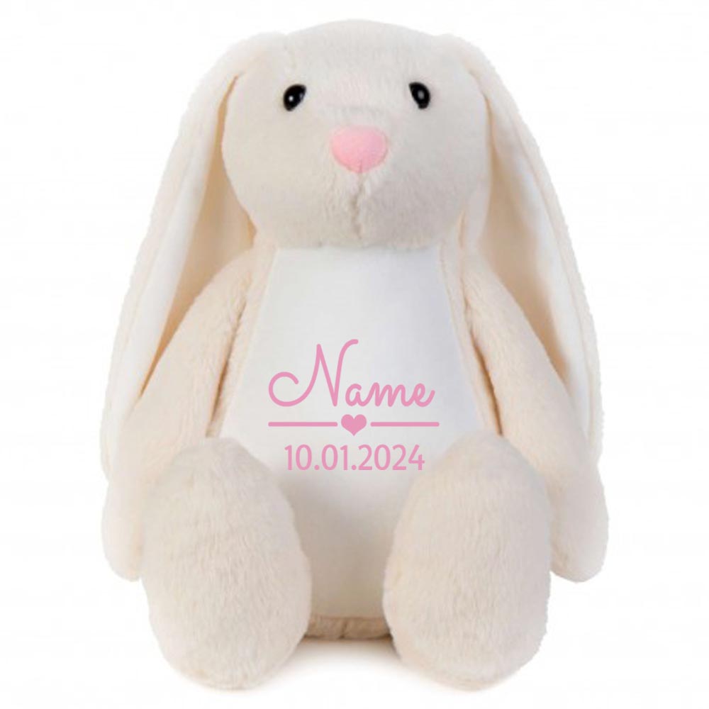 Stofftier Hase beige mit Name personalisiert Kuscheltier Stoffhase für Kinder Flauschiges Plüschtier 40cm Motiv Name und Datum
