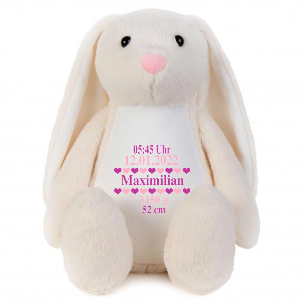 Stofftier Hase beige mit Name personalisiert Kuscheltier Stoffhase für Kinder Flauschiges Plüschtier 40cm Motiv Geburt
