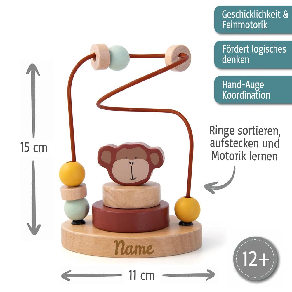Trixie Mini Motorikschleife aus Holz PERSONALISIERT Steckspiel mit Namen graviert Geschenk zur Geburt Affe