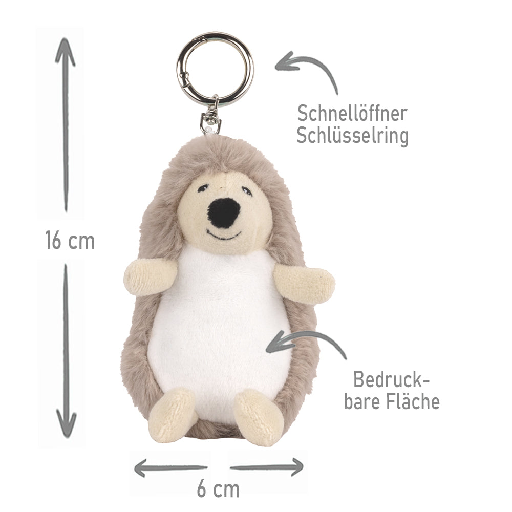 Stofftier Schlüsselanhänger mit Schnellöffner, Personalisierbar mit Name oder Text, Anhänger 16cm Igel