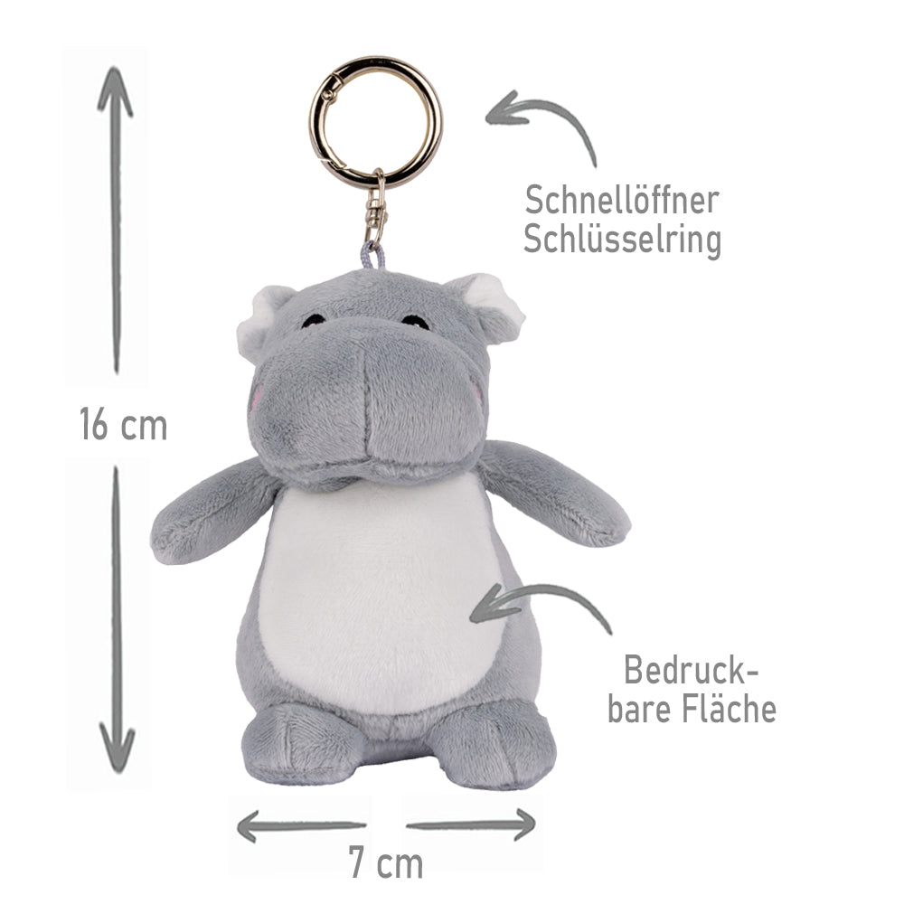 Stofftier Schlüsselanhänger mit Schnellöffner, Personalisierbar mit Name oder Text, Anhänger 16cm Nilpferd